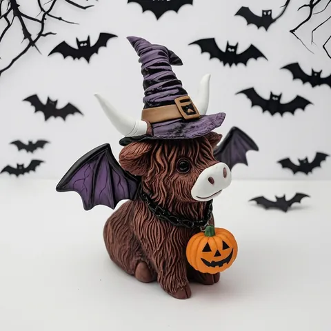 Estatua de Vaca de las Tierras Altas de Resina de Halloween Adorno de Gato Vampiro Con Sombrero de Bruja Lámpara Calabaza Decoración