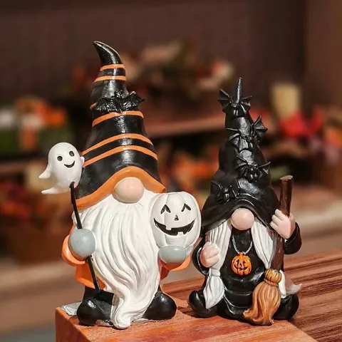 Halloween Gnome Resin Figurine Wizard Dwarf Statue With Pumpkin Ghost Bat Elements Desktop Decoration For Home Party