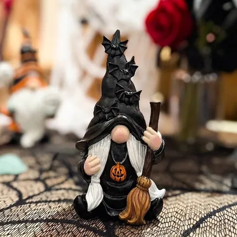 Halloween Gnome Resin Figurine Wizard Dwarf Statue With Pumpkin Ghost Bat Elements Desktop Decoration For Home Party