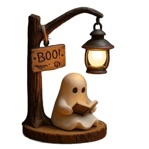 Linda Luz de Noche de Fantasma Leyendo un Libro Adorno de Resina de Halloween Decoración de Linterna para el Hogar