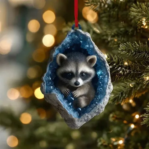 Décoration Suspendue Animaux Géodes De Noël En Acrylique Chouette Raton Laveur Écureuil Lapin Ornement Arbre De Noël Pour Fête Cadeau