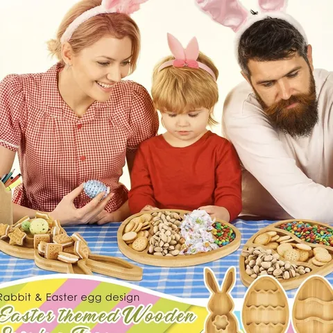 Easter Bamboo Snack Tray Wood Rabbit Egg Shape Serving Plate For Dried Fruit Nuts Candy Festival Kitchen Home Decoration