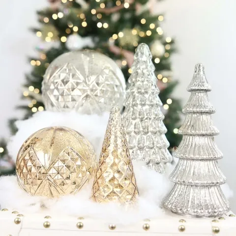 Vintage Mercury Glass Christmas Tree Ornaments With LED Warm Light Gold Silver Tabletop Holiday Decoration Decor Gift