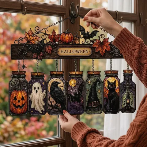 Halloween Acrylic Jar Suncatcher Hanging Ornament With Wood Texture Beam Pumpkin Ghost Bat Crow Decoration For Home Window Party