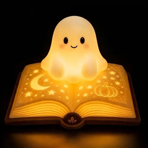 Linda Luz Nocturna de Fantasma de Halloween Leyendo un Libro Figura de Fantasma de Resina Con Luz LED Cálida Para Adornos de Decoración del Hogar de Halloween