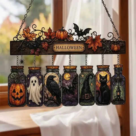 Halloween Acrylic Jar Suncatcher Hanging Ornament With Wood Texture Beam Pumpkin Ghost Bat Crow Decoration For Home Window Party