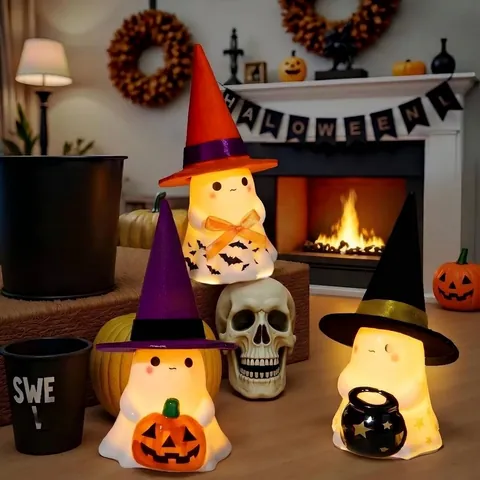 Décoration Lumineuse Fantôme Halloween Ornement Résine LED Statue Fantôme Mignon Chapeau de Sorcier Pour Décor de Table Maison