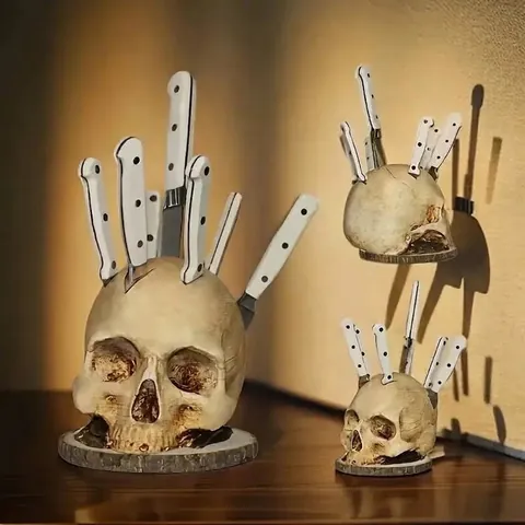 Gotisch Totenkopf Messerhalter Mit Dekorativen Messern Halloween Horror Atmosphäre Harz Totenkopf Schreibtisch Dekoration