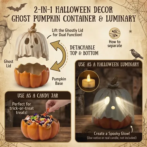 Halloween Ghost Pumpkin Candy Jar Witch Cauldron Lamp 2-in-1 Removable Resin Ornament Horror Theme Home Party Desktop Decor