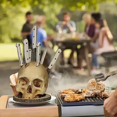 Gotisch Totenkopf Messerhalter Mit Dekorativen Messern Halloween Horror Atmosphäre Harz Totenkopf Schreibtisch Dekoration