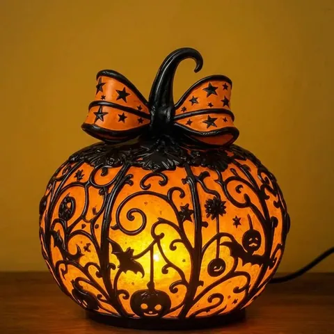 Tiffany Style Halloween Pumpkin Lantern Resin Decorative Lamp Jack-O-Lantern Night Light for Holiday Home Decor Party Ornament