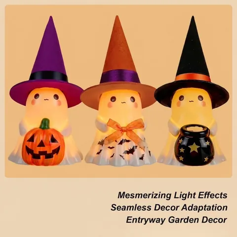Décoration Lumineuse Fantôme Halloween Ornement Résine LED Statue Fantôme Mignon Chapeau de Sorcier Pour Décor de Table Maison