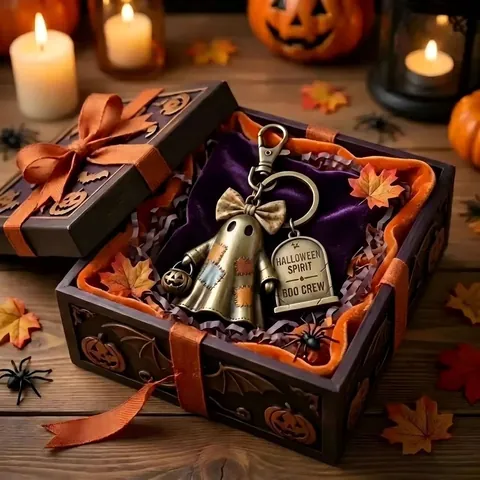 Halloween Spirit Boo Crew Ghost Keychain Retro Bronze Metal Patch Ghost Pumpkin Lantern Tombstone Tag Party Gift Key Ring