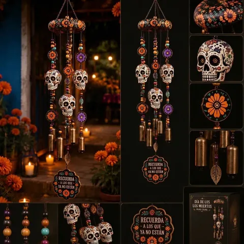 Halloween Retro Metal Skull Wind Chimes Mexican Day Of The Dead Painted Skeleton Bell Outdoor Garden Hanging Ornament Home Decor