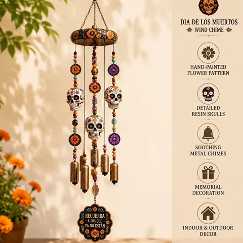 Halloween Retro Metal Skull Wind Chimes Mexican Day Of The Dead Painted Skeleton Bell Outdoor Garden Hanging Ornament Home Decor