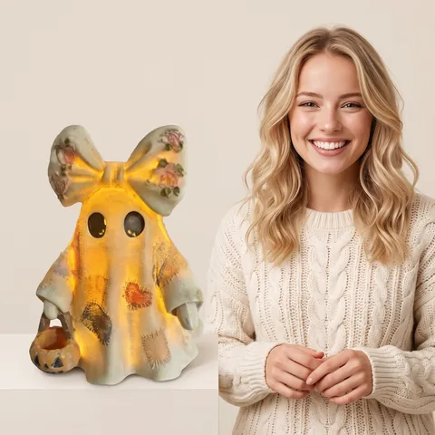 Vintage Patchwork Ghost Night Light with Floral Bow Pumpkin Basket Warm LED Lamp Halloween Desktop Decoration Resin Gift