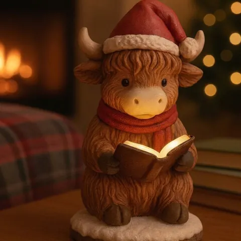 Luz de Noche de Vaca de las Tierras Altas Leyendo Navidad Figura Animal de Resina con Gorro Bufanda LED Decoración Escritorio