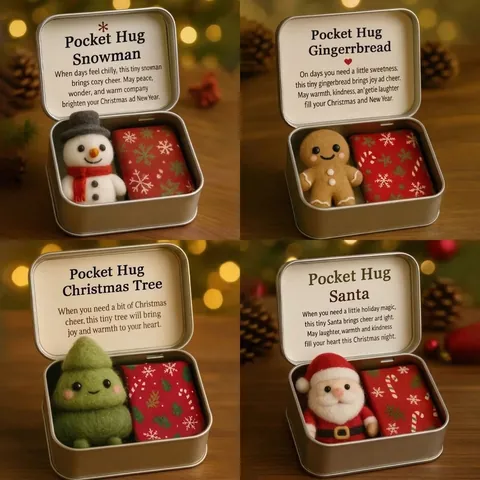 Christmas Theme Pocket Hug Gift Set Handmade Wool Felt Santa Snowman Gingerbread Man Tree With Tin Box Holiday Ornament