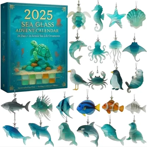 Calendario dell'Avvento Vita Marina in Vetro Marino Calendario Conto alla Rovescia di Natale con Ciondoli Animali Marini