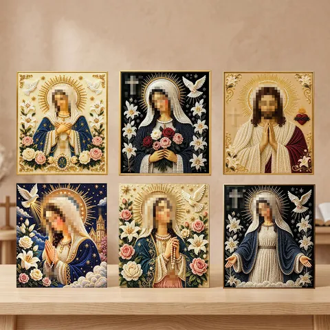 DIY Religious Diamond Painting Art Set Mother Mary Jesus 5D Bead Mosaic Kit with Wood Frame Christmas Home Decor Gift