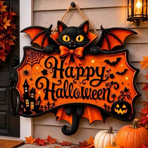 Plaque Suspendue Halloween Chat Noir avec Ailes de Chauve-Souris en Bois Décoration 3D de Porte pour Maison Fête Mur Cadeau