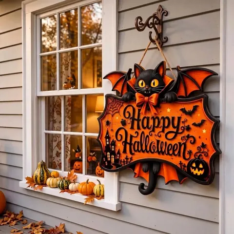 Plaque Suspendue Halloween Chat Noir avec Ailes de Chauve-Souris en Bois Décoration 3D de Porte pour Maison Fête Mur Cadeau