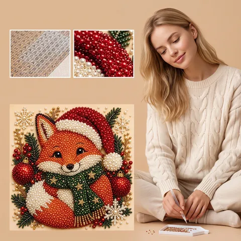 Juego de Pintura Decorativa de Perlas Artificiales y Diamantes de Imitación de Navidad DIY Patrón de Zorro y Oso