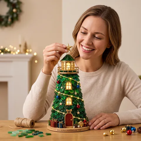 Kit Fai-da-te Faro Natalizio Stile Vetro Marino con Luci LED Base in Legno Babbo Natale Pupazzo di Neve Renna Arredo Tavola