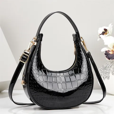 Damen Mode Krokodil Muster Halbmond Tasche Glänzend Lackleder Achseltasche Trendige Schulter Crossbody Tasche Gold Hardware