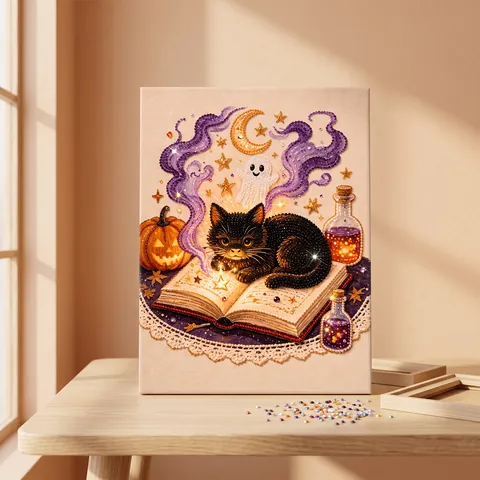 Kit de Pintura de Diamantes Bricolaje Gato Negro sobre Libro Mágico Base de Madera Acrílico Adorno de Mesa Decoración Regalo