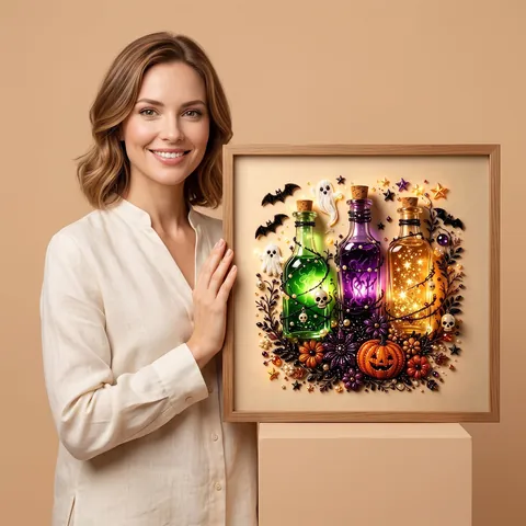 Halloween DIY Diamond Painting Kit 3D Visual Effect Wall Art Decorative Potion Bottle Pumpkin Ghost Craft Wood Frame