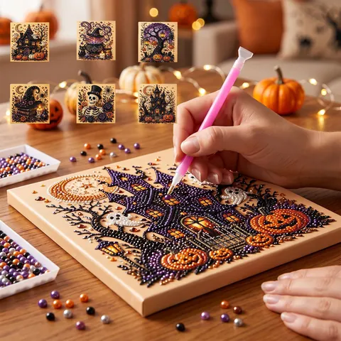 Halloween DIY Perlen Diamant Malerei Kunst Set Für Kinder Erwachsene Geist Kürbis Hexe Schloss Muster Holzrahmen Home Dekor