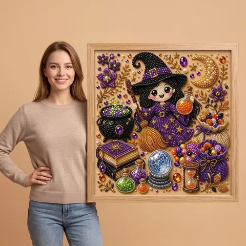 Halloween DIY Perle Diamant Kunst Set mit Holzrahmen Cartoon Hexe Katze Eule Fledermaus Kürbis Deko Wandbild für Zuhause Dekor