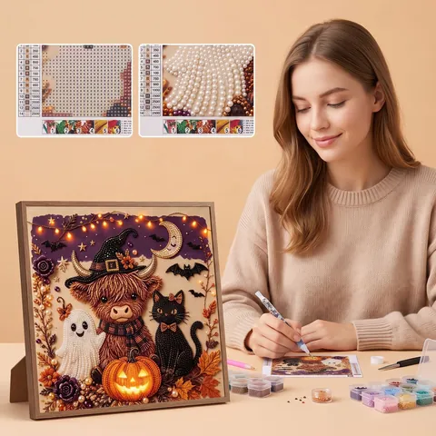 Halloween DIY Pearl Diamond Art Kit 3D Textured Pearl Painting With Wood Frame Black Cat Pumpkin Ghost Wall Decor