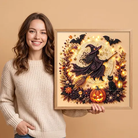 Kit DIY Pintura de Diamante Halloween Con Marco de Madera Calabaza Fantasma Bruja Murciélago Gato Negro Decoración Luminosa