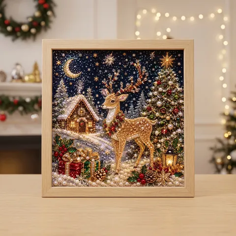 Christmas DIY Pearl Art Painting Kit With Wooden Frame Snowflake Snowman Santa Claus Reindeer Patterns Home Wall Decor Gift