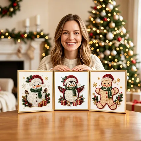 DIY Christmas Pearl Diamond Painting Kit With Wooden Frame Snowman Penguin Gingerbread Man 3D Mosaic Art Set Xmas Decor