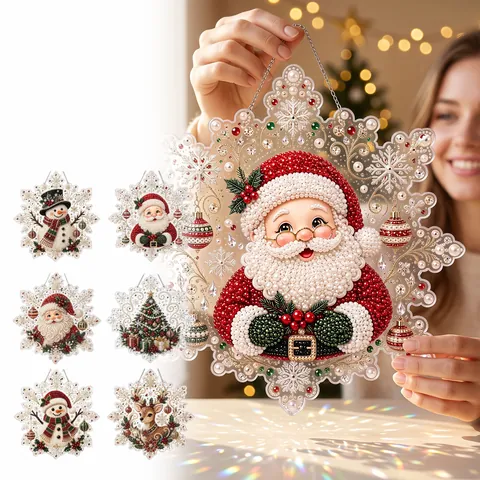 DIY Christmas Diamond Painting Kit with Wood Frame Acrylic Rhinestone Artificial Pearl Ornaments for Home Wall Desk Decor