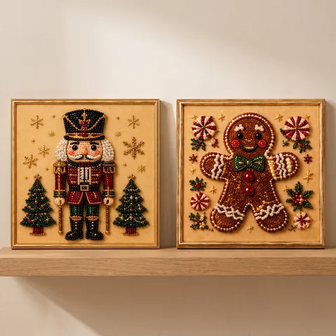 Christmas DIY Pearl Painting Art Kit With Wood Frame 3D Acrylic Rhinestone Nutcracker Gingerbread Man Wall Decoration Gift