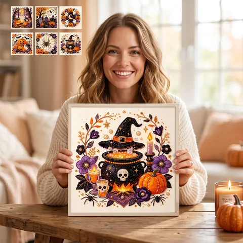 DIY 3D Artificial Pearl Art Kit Wood Frame Halloween Ghost Pumpkin Theme Nano Pearlescent Fabric Mosaic Painting Ornament