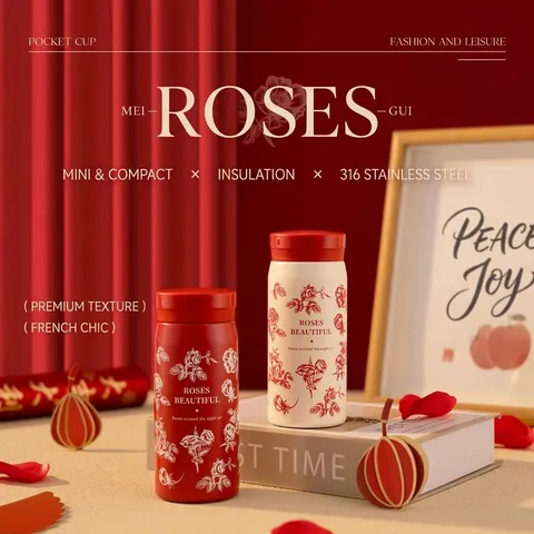 Mini 316 Edelstahl Taschen Thermoskanne Mit Elegantem Rosenmuster Tragbarer Isolierter Wasserbecher Für Studenten Reise Geschenk