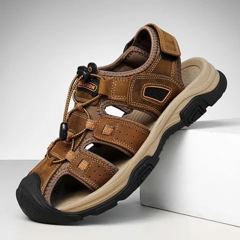 Heren Rundleer Gesloten Teen Sandalen Casual Outdoor Vissersschoenen Ademend Antislip Rubberen Zool Strand Wandelsandalen