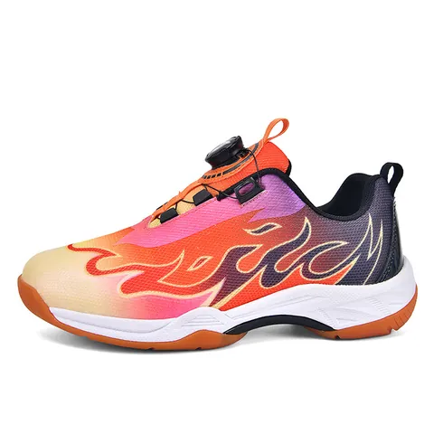 Professional Kids Badminton Shoes Youth Non-Slip Breathable Training Sneakers Dial Lacing System Shock-Absorbing Indoor Sports Shoes Flame Pattern