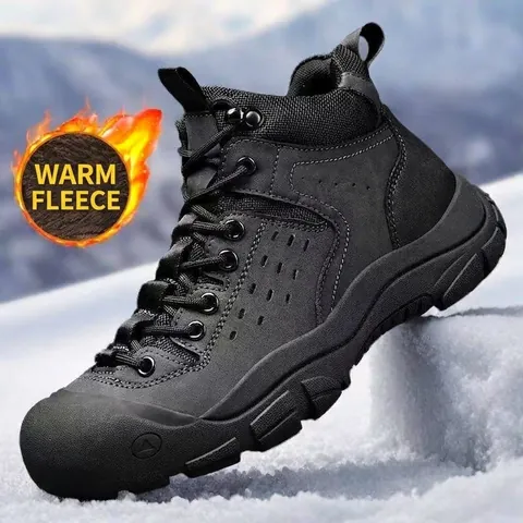 Scarpe da Trekking da Uomo all'Aperto in Vera Pelle Mid-Top Stivali da Lavoro Caldo Pile Antiscivolo Anti-Collisione