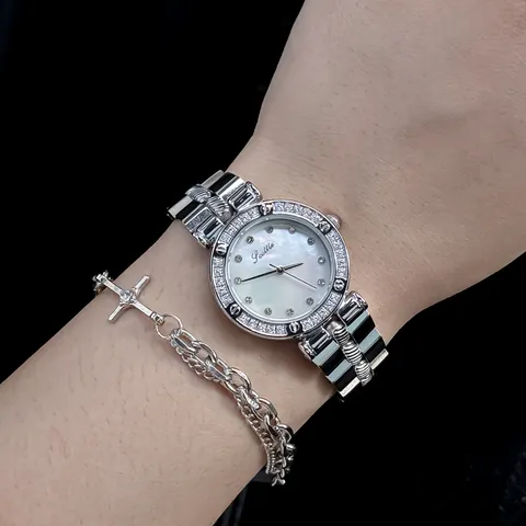 Scottie 9766 Mode Damen Quarzuhr Rundes Zifferblatt Aus Gradient Perlmutt Strass Lünette Edelstahl Armband Armbanduhr