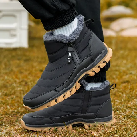 Men Women Winter Snow Boots Fleece Lined Warm Outdoor Hiking Shoes Waterproof Anti-Slip Side Zipper High Top Walking Boots