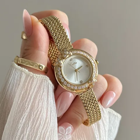 Scottie 9870 Lussuoso Orologio al Quarzo da Donna Lunetta con Strass a Ghirlanda Tonda Cassa in Lega Impermeabile Cinturino in Maglia Acciaio Pelle