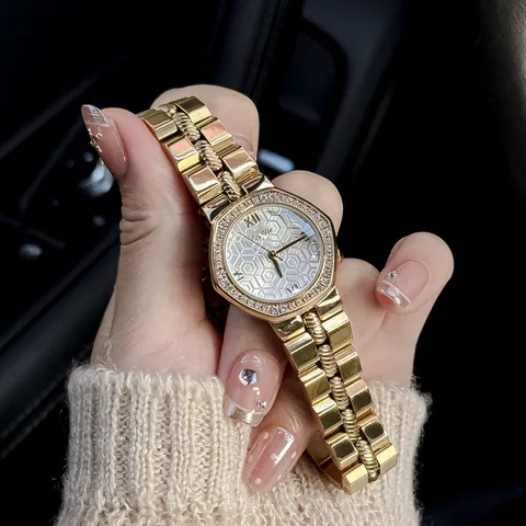 Women Fashion Quartz Watch Octagonal Rhinestone Bezel Honeycomb Dial Water Resistant Stainless Steel Strap Luxury Dress Wristwatch