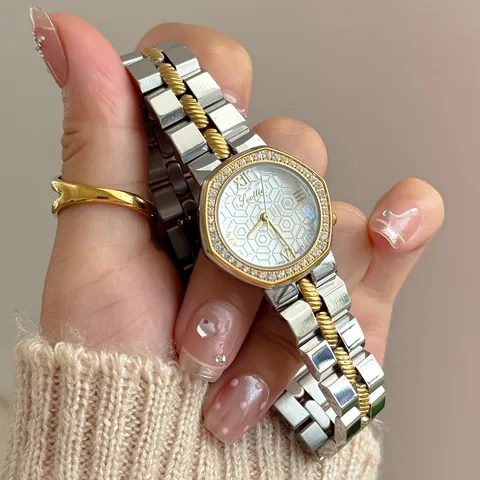 Women Fashion Quartz Watch Octagonal Rhinestone Bezel Honeycomb Dial Water Resistant Stainless Steel Strap Luxury Dress Wristwatch