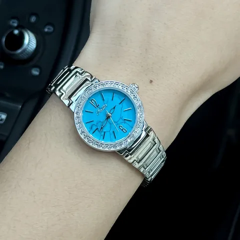 Scottie 9712B Luxury Women Quartz Watch Marble Pattern Dial Rhinestone Bezel Stainless Steel Band Waterproof Elegant Wristwatch